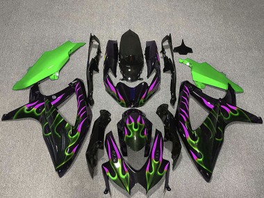 Venta Carenados Moto Suzuki GSXR 600 / GSXR 750 2008-2010 - Negro Brillante Verde Púrpura Llama