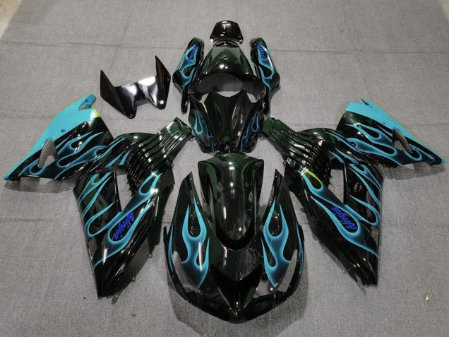 Venta Carenados Moto Kawasaki ZX14R 2006-2011 - Negro Brillante Azul Claro Llama