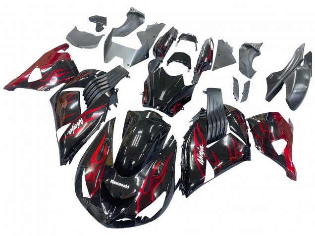 Venta Kits Carenado Moto Kawasaki ZX14R ZZR1400 2006-2011 - Negro Brillante Rojo Llama